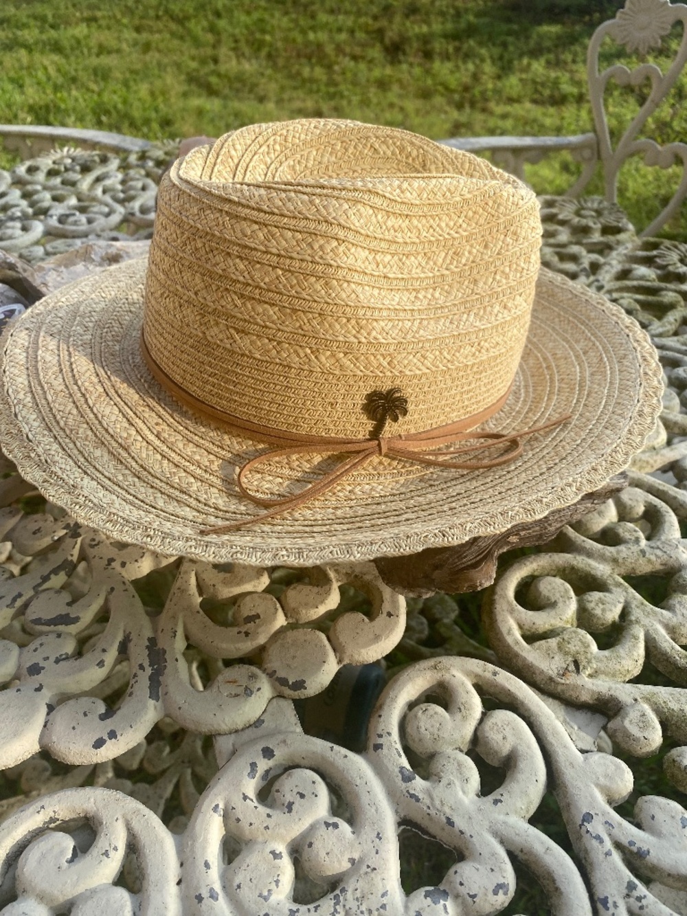 SUN AND SAND FEDORA SUMMER HAT PALM MOTIF RIBBON ADJUSTABLE 3 IN